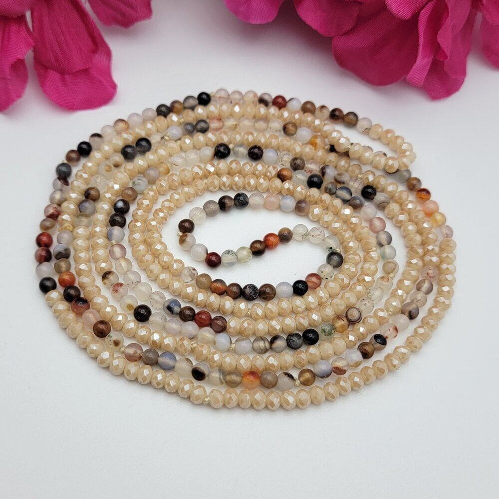 Beige & Earth Tones Crystal And Agate Seed Bead Necklace 62 Inch Long Continuos